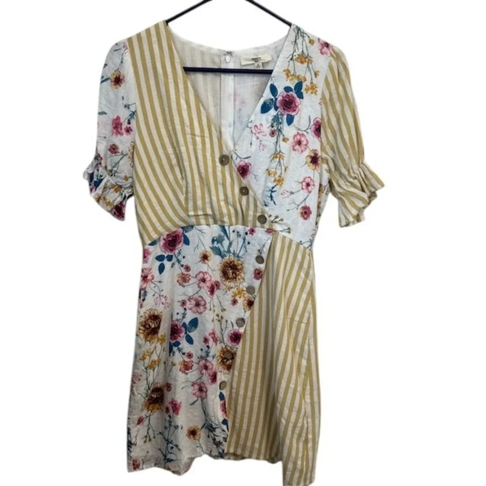 Entro Colorblock Floral Stripe‎ Mini Dress Button Front V Neck Short Sleeve Sz M